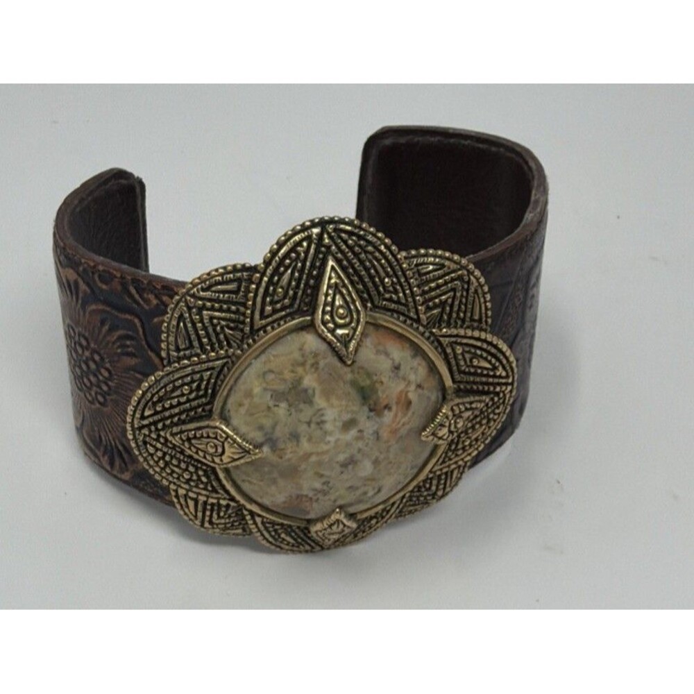 Signed Barse Cuff Bracelet African Opal Stone Floral Design Tooled Leather